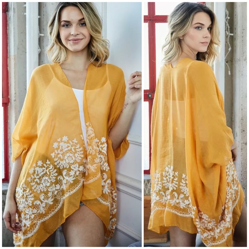SOLD OUT Mustard Floral Embroidered Sheer Kimono Wrap Top - Picture 1 of 5